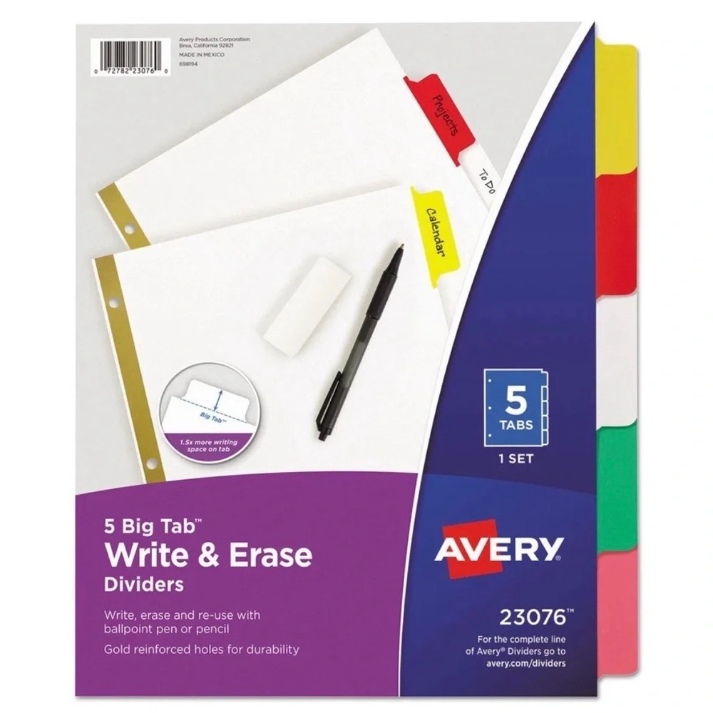 Avery Write & Erase 5-Tab Dividers – Red, Yellow, Green, Blue, Pink